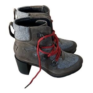 SOREL Women's Blake Lace Block Heel Boots in Quarry (Olive/Grey) Size 7.5